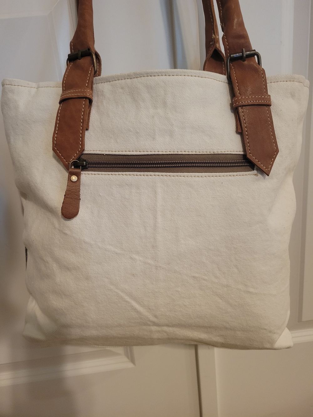 NWT Myra Bag Canvas Tote with Brown Leather Handles and Cream Body - Picture 8 of 9